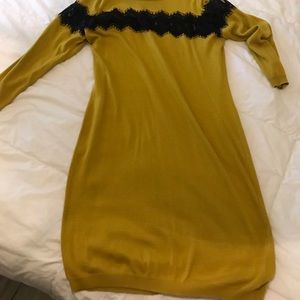 Chartreuse and black lace sweater dress